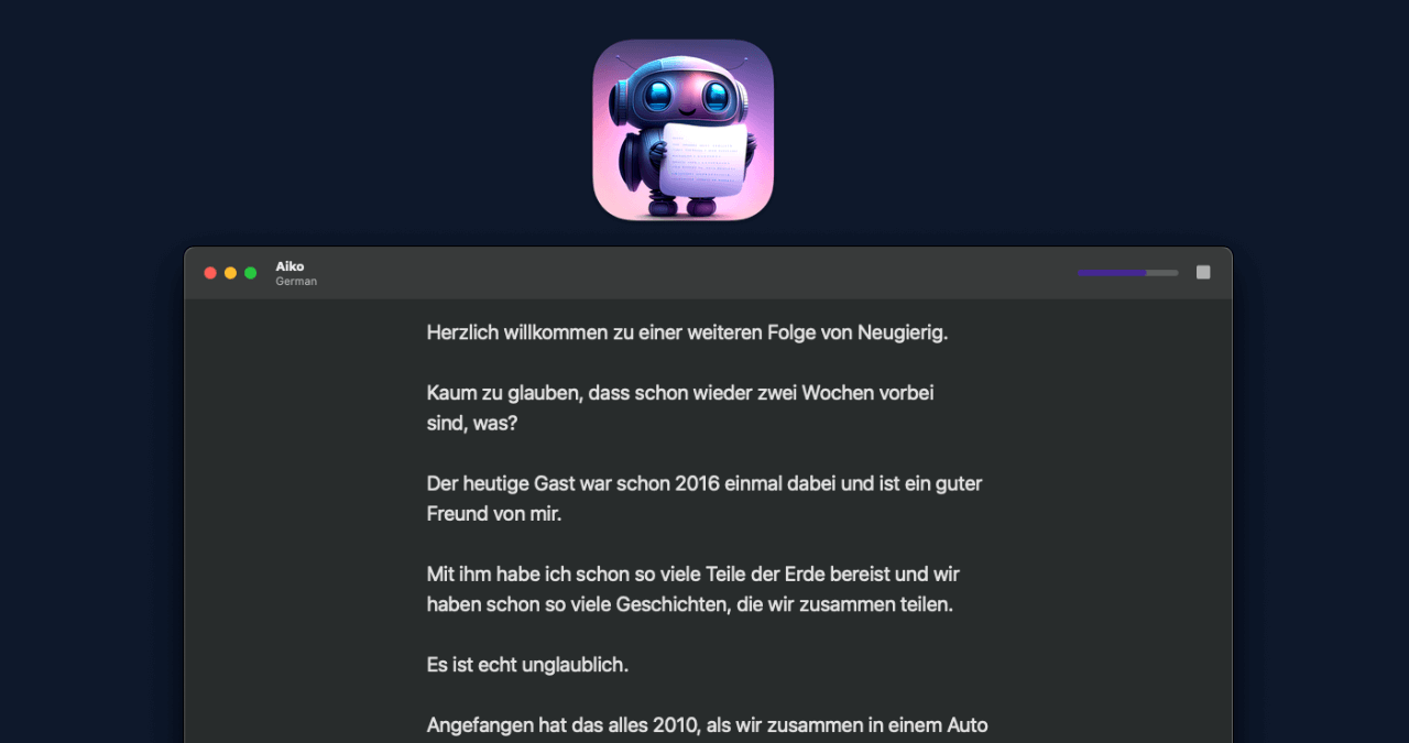 Ein Screenshot, auf dem man oben das Icon der App Aiko sieht und darunter einen Ausschnitt eines Textes, den Aiko aus einer Audio-Datei generiert hat.