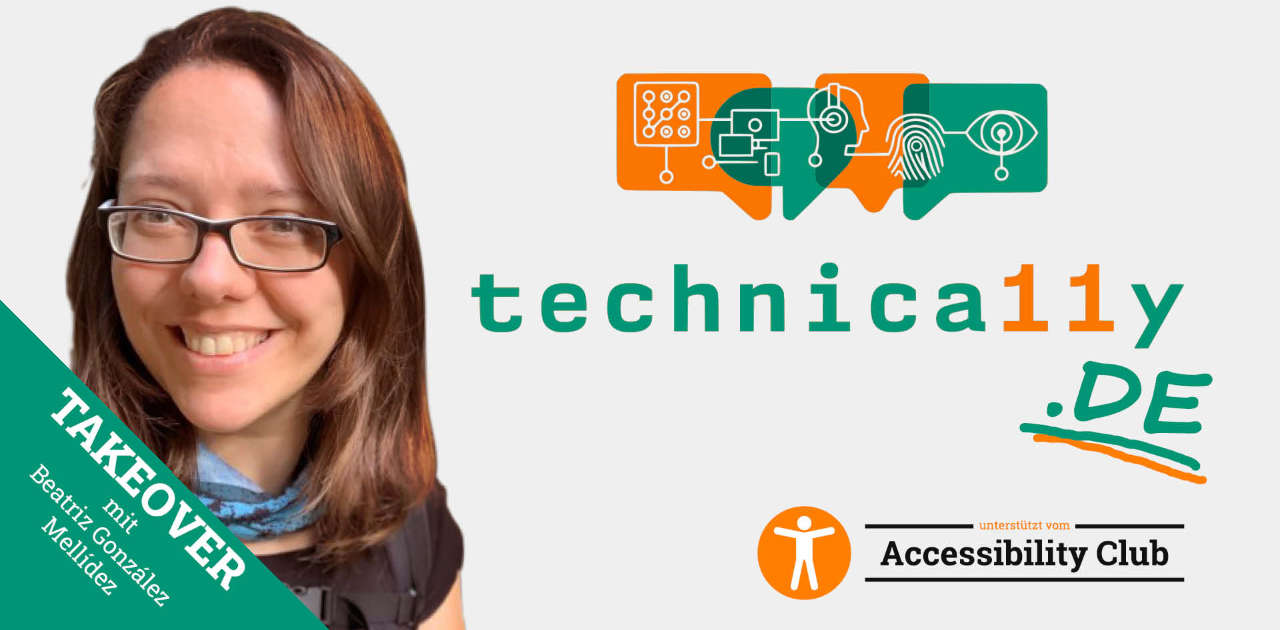 Picture showing a woman in the lower left corner smiling. Next to her you see the technically logo consisting of four speech bubbles and technical graphics. Below this on the right, you can see the Accessibility Club Logo.