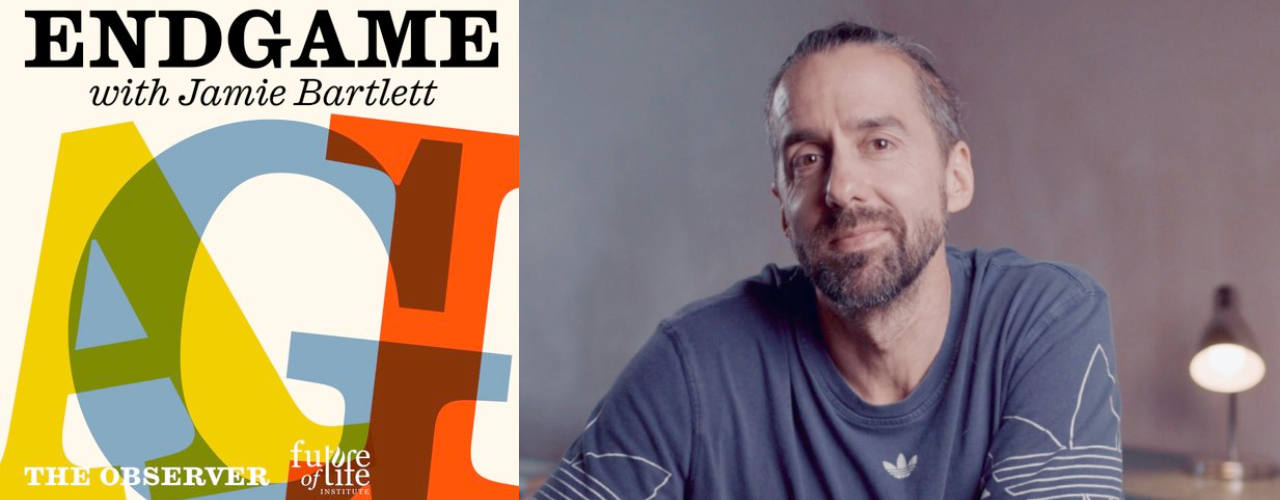 Eine Collage: Links das Cover des Podcasts „Endgame: Can we live with Artificial General Intelligence?“ mit dem großen Titel-Schriftzug „ENDGAME“ auf dunklem Hintergrund. Rechts ein Portraitfoto von Jamie Bartlett, der nett direkt in die Kamera guckt.
