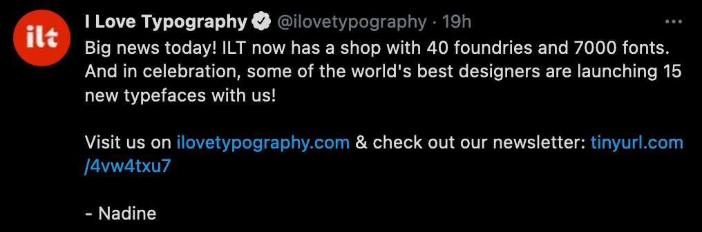 Ein Screenshot eines Tweets von I Love Typography, in dem sie den Shop ankündigen