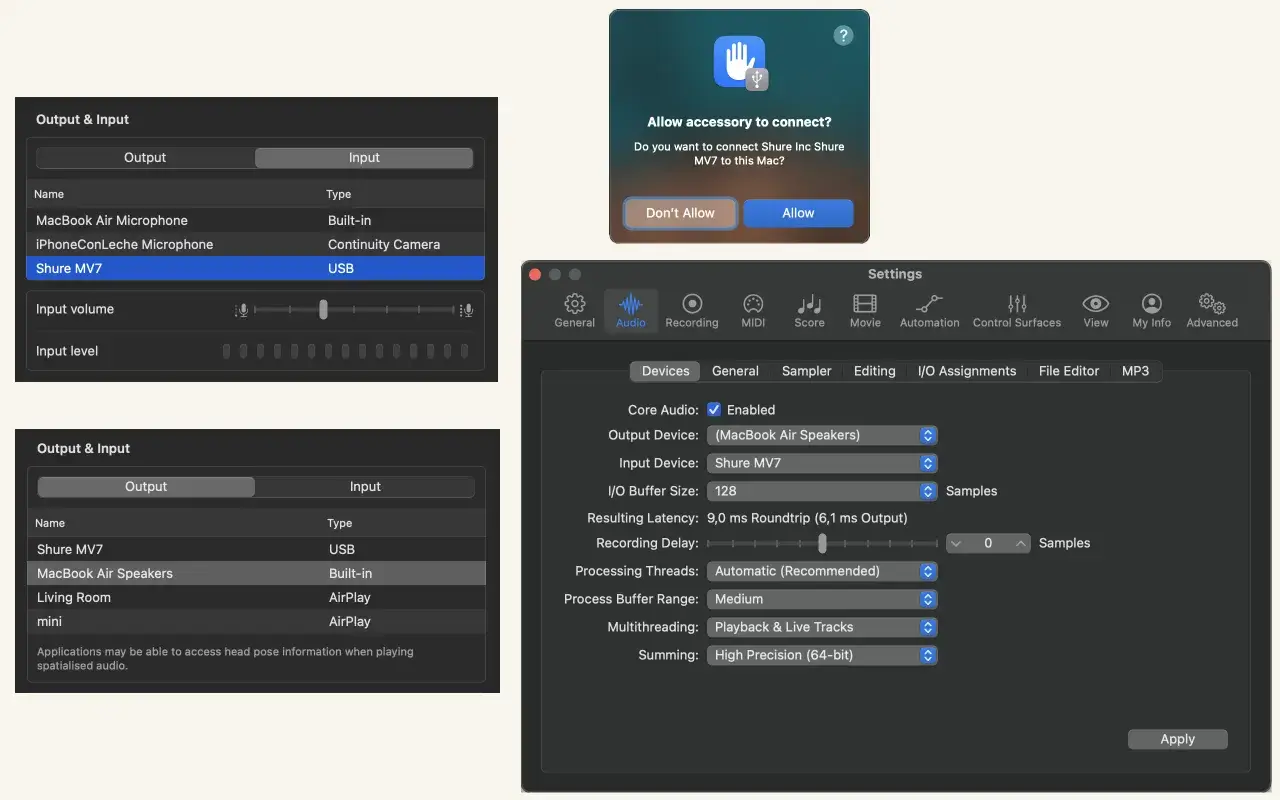 Hier sieht man eine Collage von Dialogen, die auf dem Mac in den Einstellungen zu sehen sind, wenn man das Mikrofon anschließt