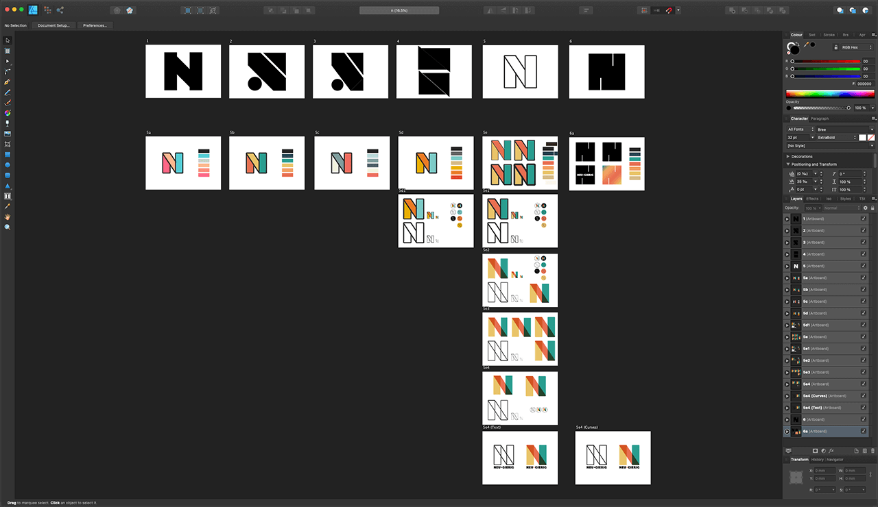Ein Screenshot von meinen digitalen Umsetzungen des Buchstabens N in Farbe