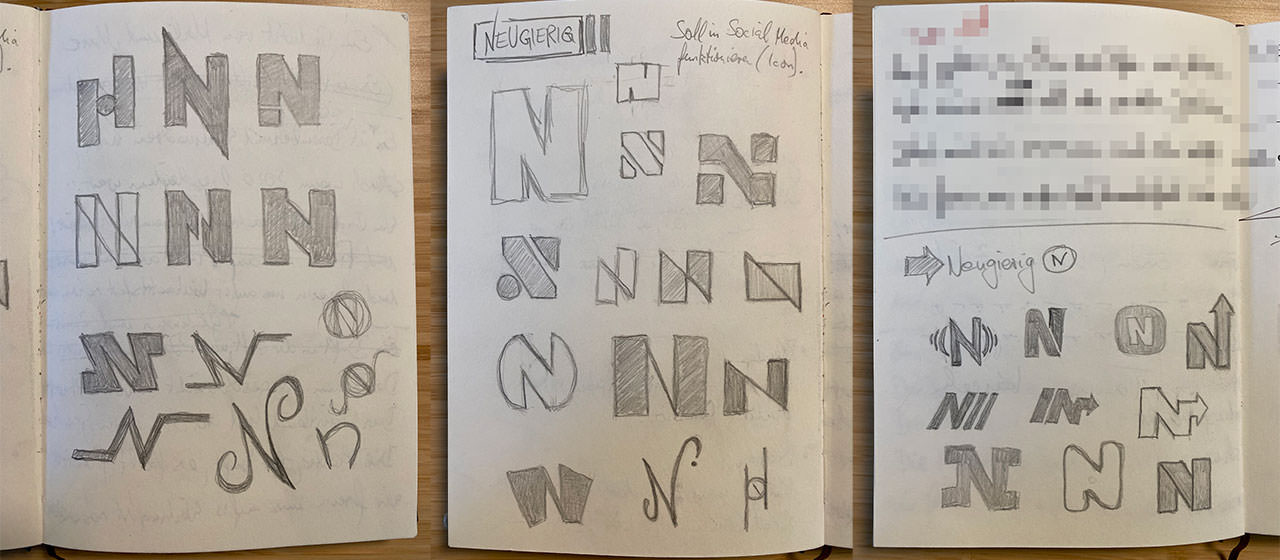 Fotos aus meinem Skizzenbuch, die den Buchstaben N in verschiedenen Abwandlungen mit Bleistift skizziert zeigen