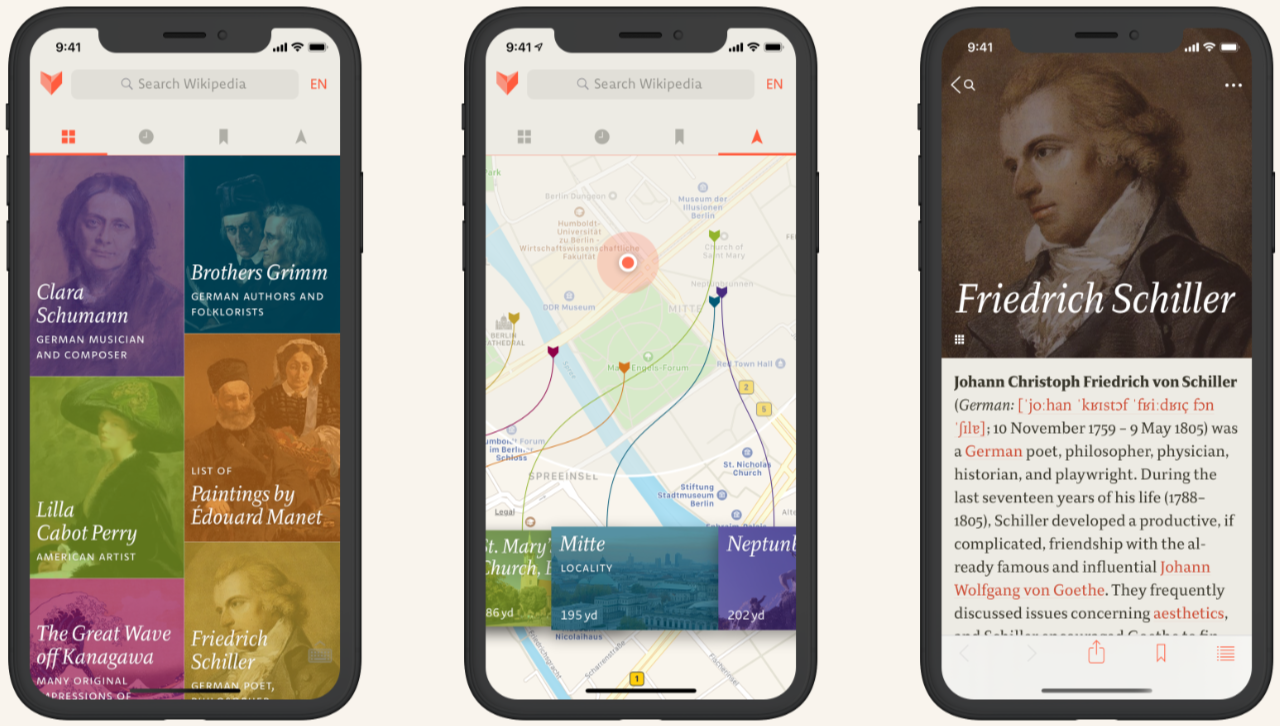 Man sieht drei Mobiltelefone, die die Hauptbildschirme der App V for Wiki zeigen