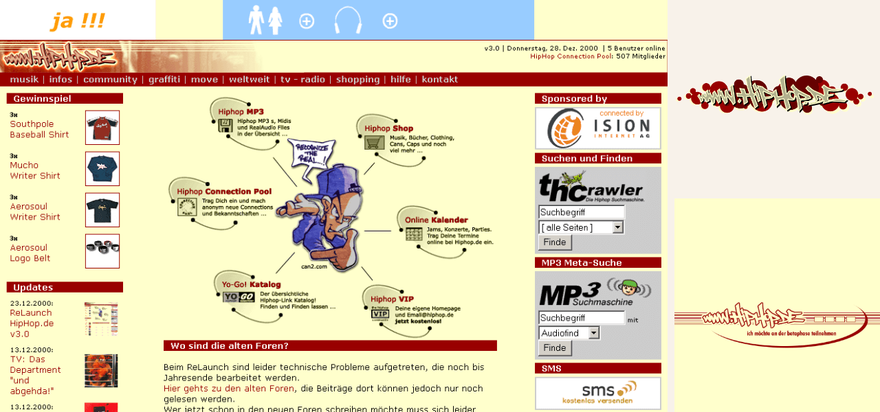 Man sieht ein paar Elemente der hiphop.de Website von 1999 und 2000. Links ein Screenshot eines Entwurfs der kompletten Seite, rechts oben daneben eine Logo-Variation und rechts unten ein Anmelde-Screen für die frühe Beta-Phase um ca. 1998